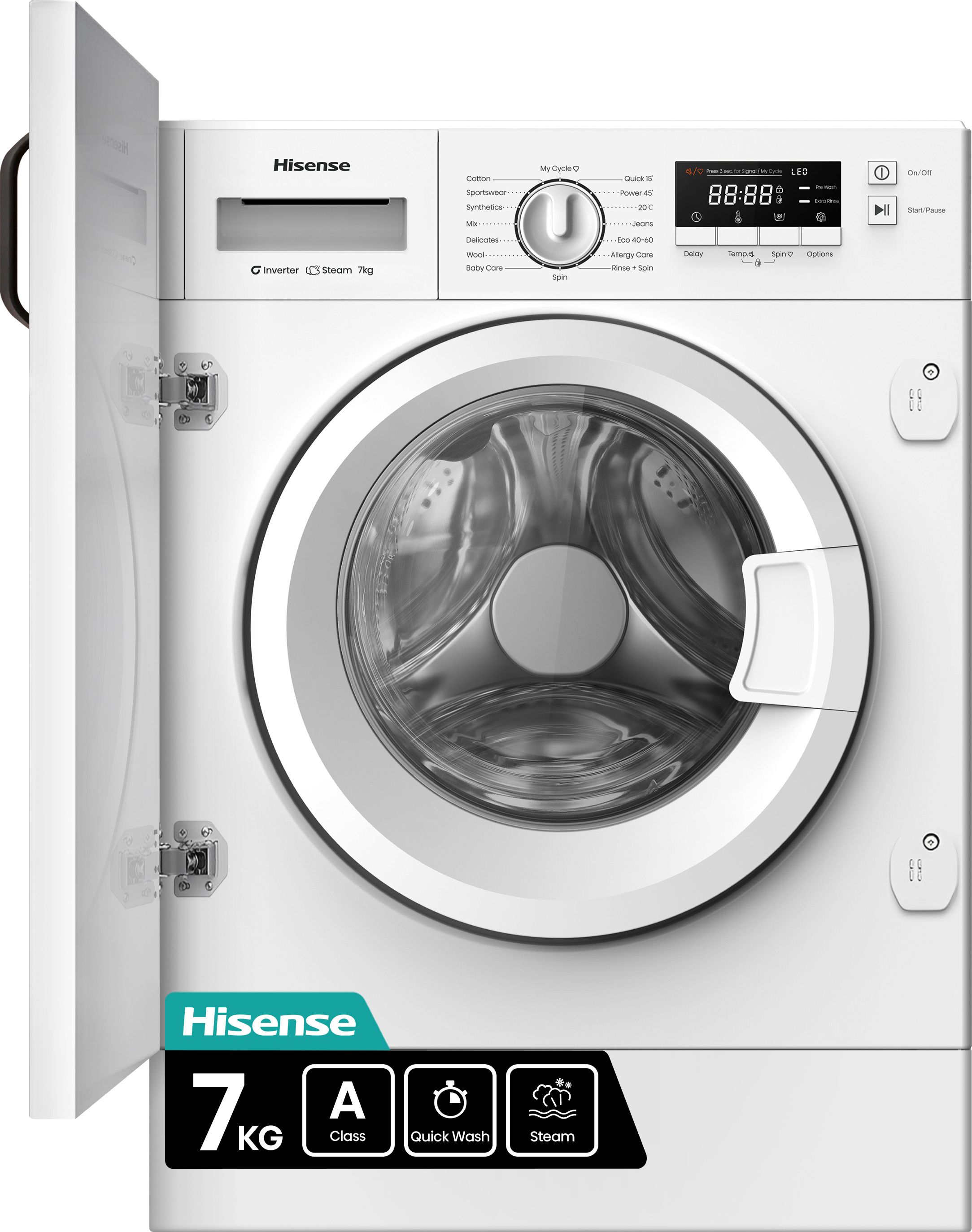 Hisense 3 Series WF3M741BWI Integrated 7kg Washing Machine with 1400 rpm - White - A Rated, White
